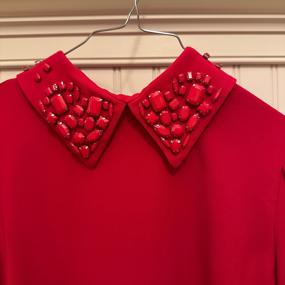 Trina Turk Red Beaded Collar Top